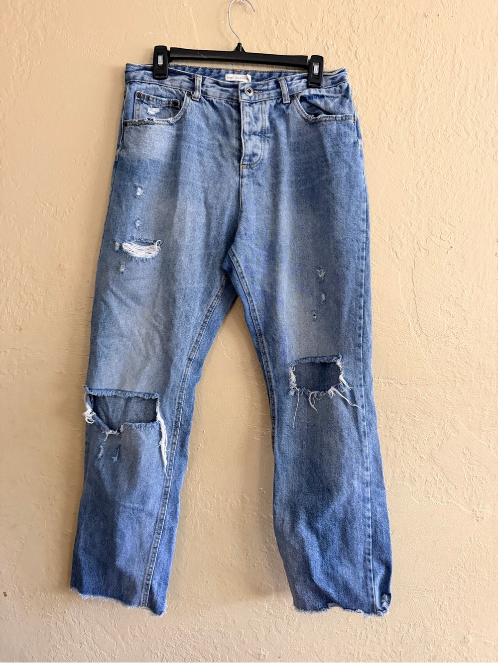 Avec Les Filles Distressed Straight-Leg Light Blue Jeans